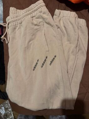 adidas Beige Logo Sweatpants - Cozy Drawstring Joggers